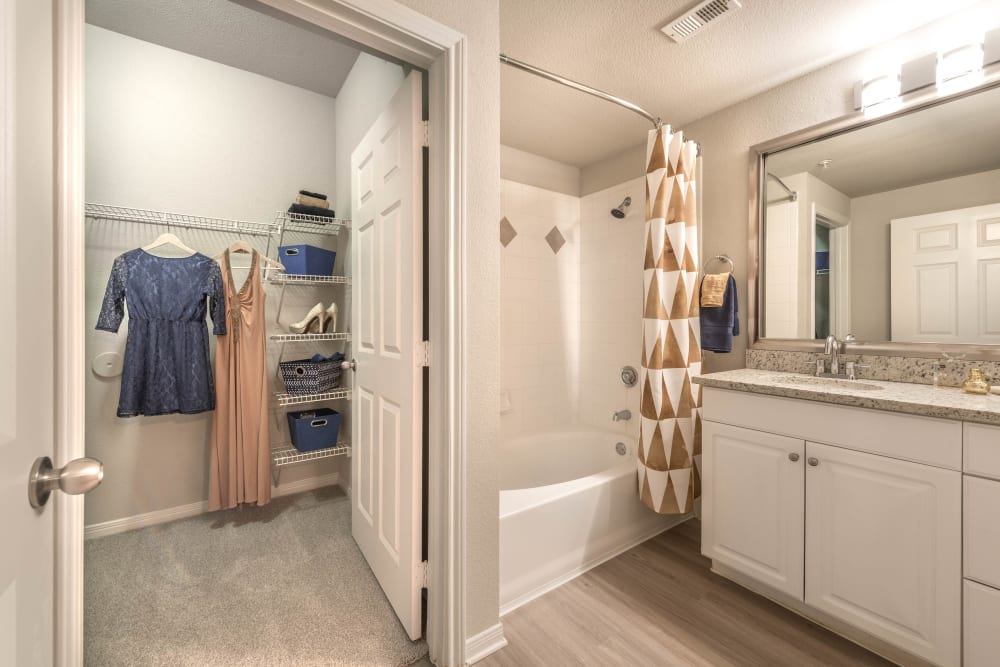 Walk-in closet in a model home's bathroom at Olympus Town Center in Keller, Texas