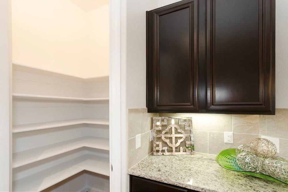 Built-in shelving and extra cabinet storage in a model townhome at Olympus Woodbridge in Sachse, Texas