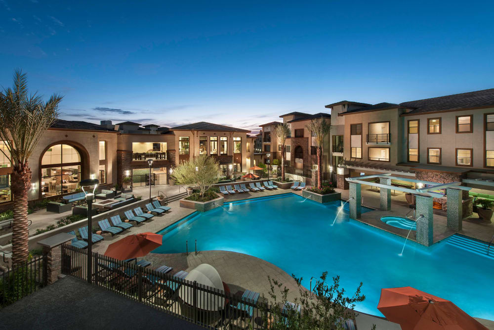 Twilight at the swimming pool area at Redstone at SanTan Village in Gilbert, Arizona