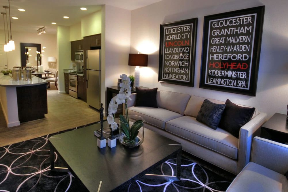 Well-furnished living area in a model home at Redstone at SanTan Village in Gilbert, Arizona