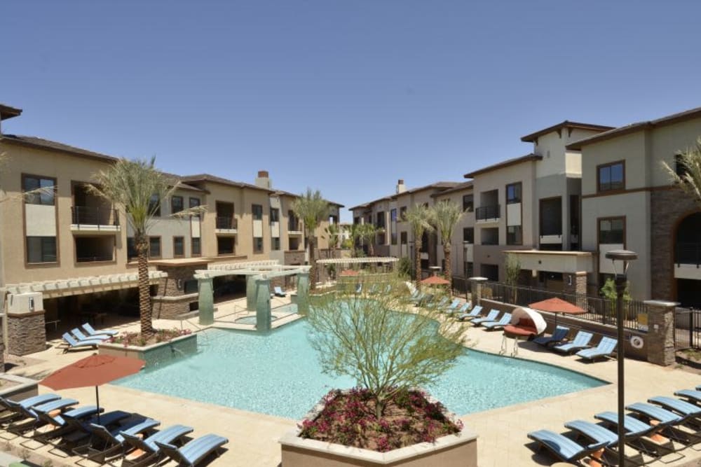 Beautiful day at the resort-style swimming pool at Redstone at SanTan Village in Gilbert, Arizona