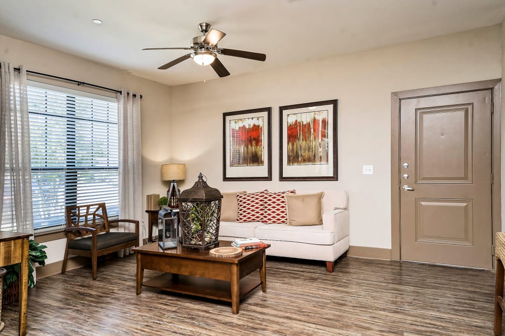  Minimalist furnishings in the living area of a model apartment at Sedona Ranch in Odessa, Texas