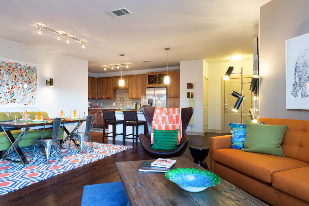 Well-furnished model home's living areas at The Davis in Fort Worth, Texas