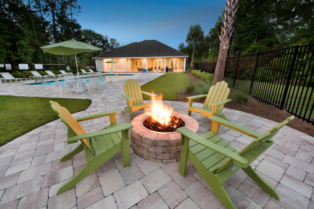 Dusk at the fire pit area at The Enclave in Brunswick, Georgia