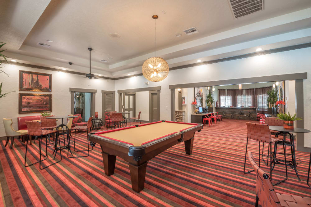 Billiards table and more in the clubhouse game room at The Ranch at Shadow Lake in Houston, Texas