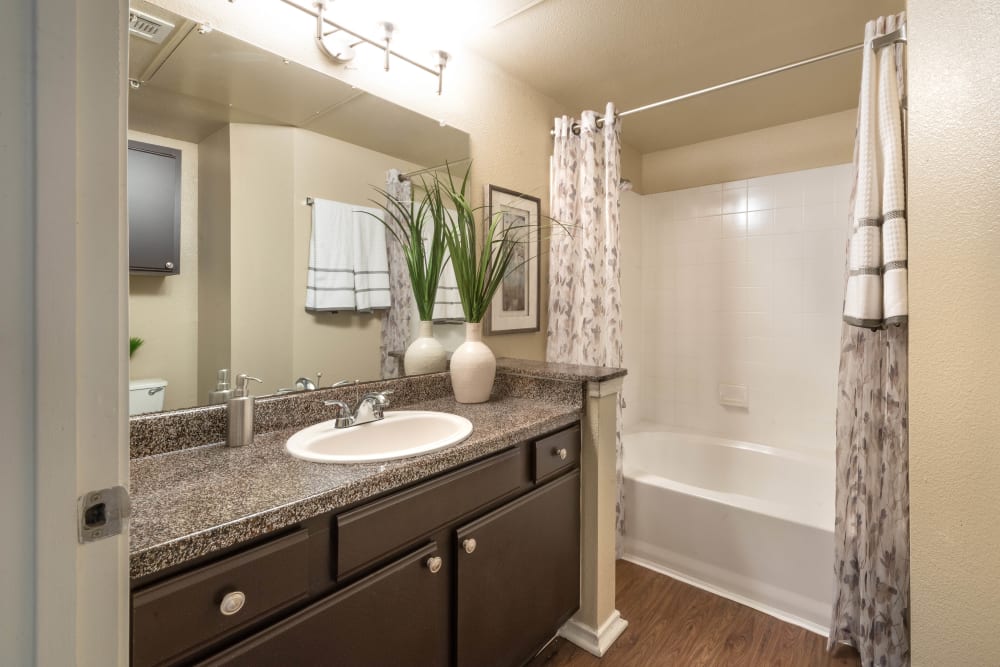 Large vanity mirror and a granite countertop in a model home's bathroom at The Ranch at Shadow Lake in Houston, Texas