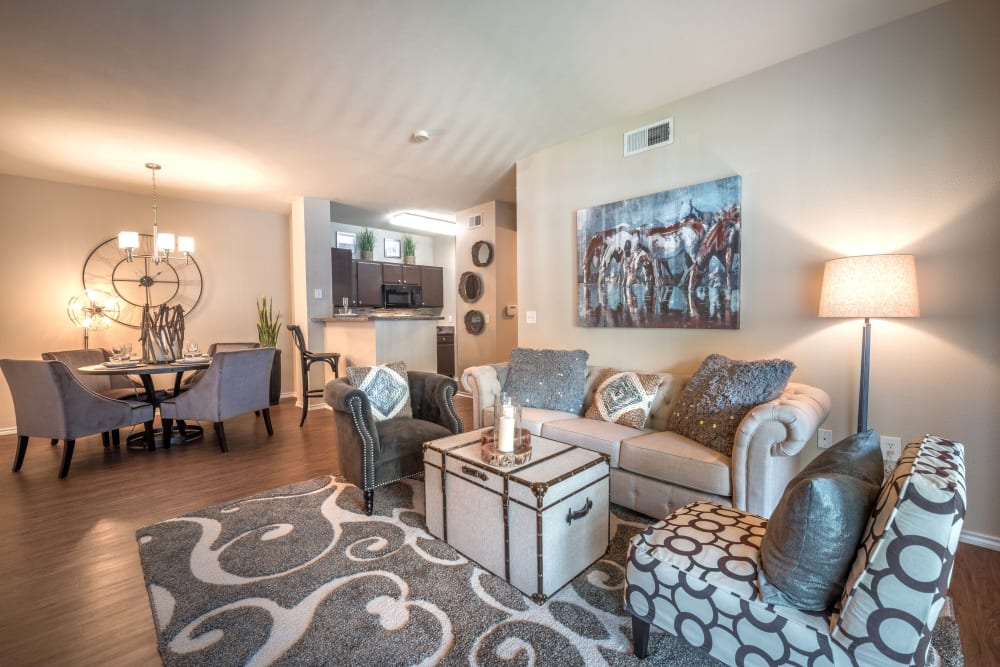 Well-furnished living area in a model apartment at The Ranch at Shadow Lake in Houston, Texas