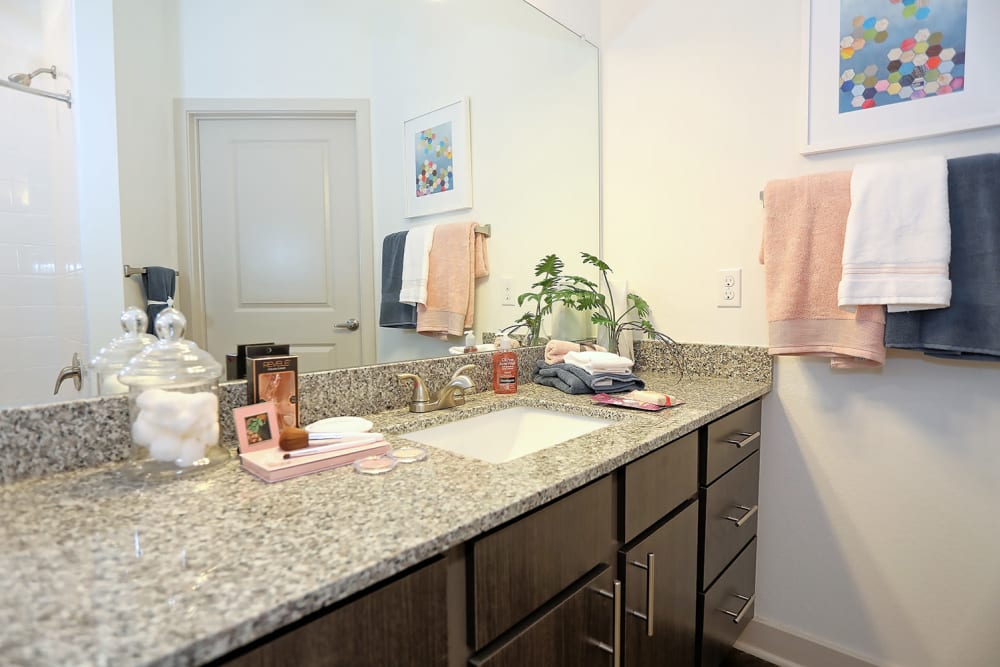 Ample countertop space in a model home's bathroom at The Slate in Savannah, Georgia