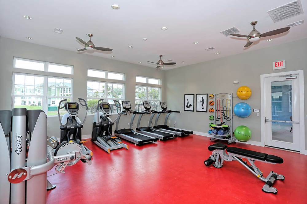 Well-equipped onsite fitness center at The Slate in Savannah, Georgia