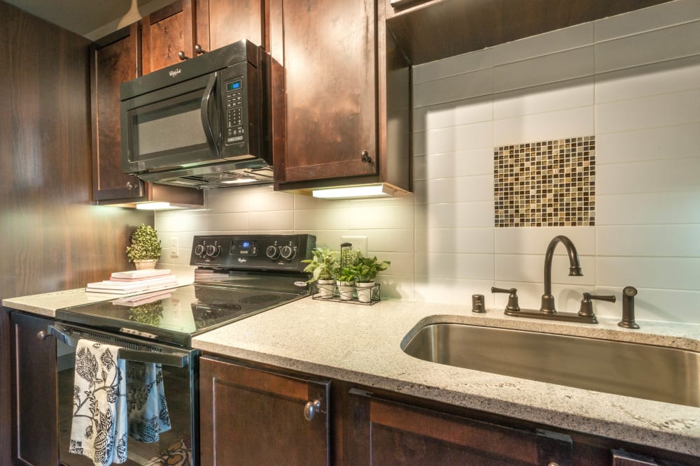 Granite countertops and sleek black appliances in a model home's gourmet kitchen at Union At Carrollton Square in Carrollton, Texas