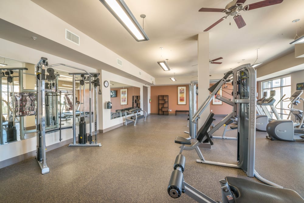 Well-equipped onsite fitness center at Union At Carrollton Square in Carrollton, Texas