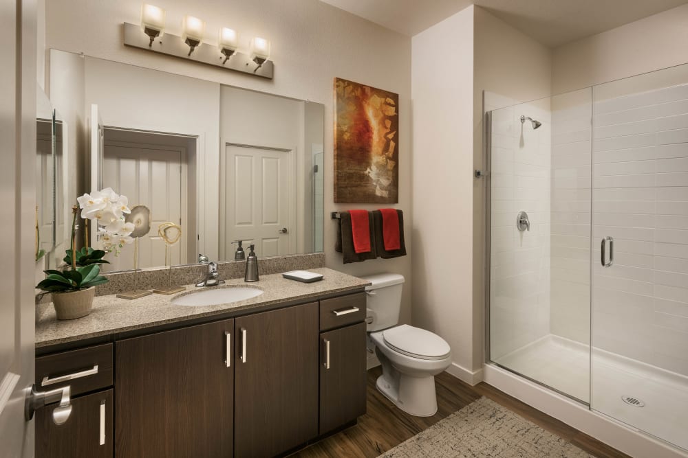 Newly renovated stand-up shower in a model home's bathroom at Vistara at SanTan Village in Gilbert, Arizona