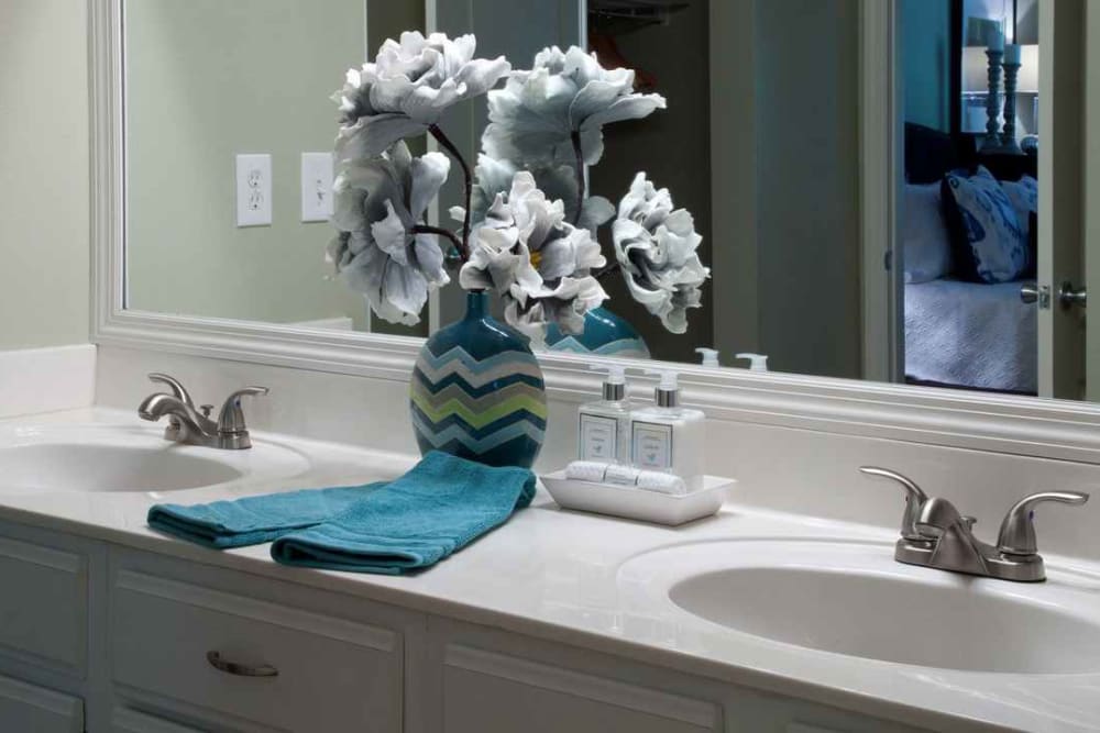 Dual sinks and a large vanity mirror in a model home's primary bedroom at Wimberly at Deerwood in Jacksonville, Florida
