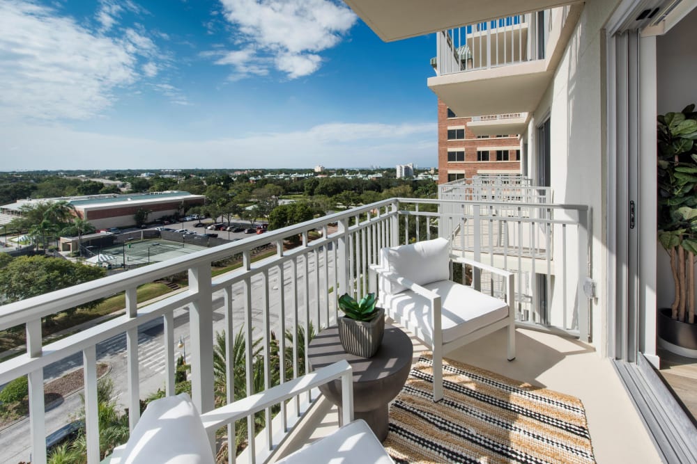 Private balcony with a terrific view outside a model home at Olympus Harbour Island in Tampa, Florida