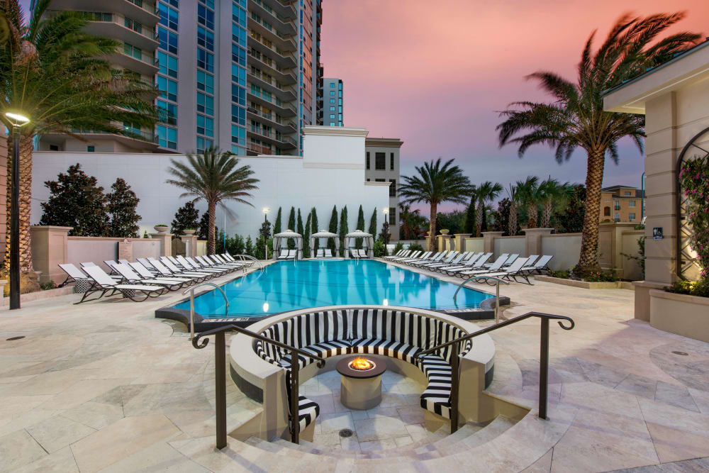 Twilight at the fire pit at Olympus Harbour Island in Tampa, Florida
