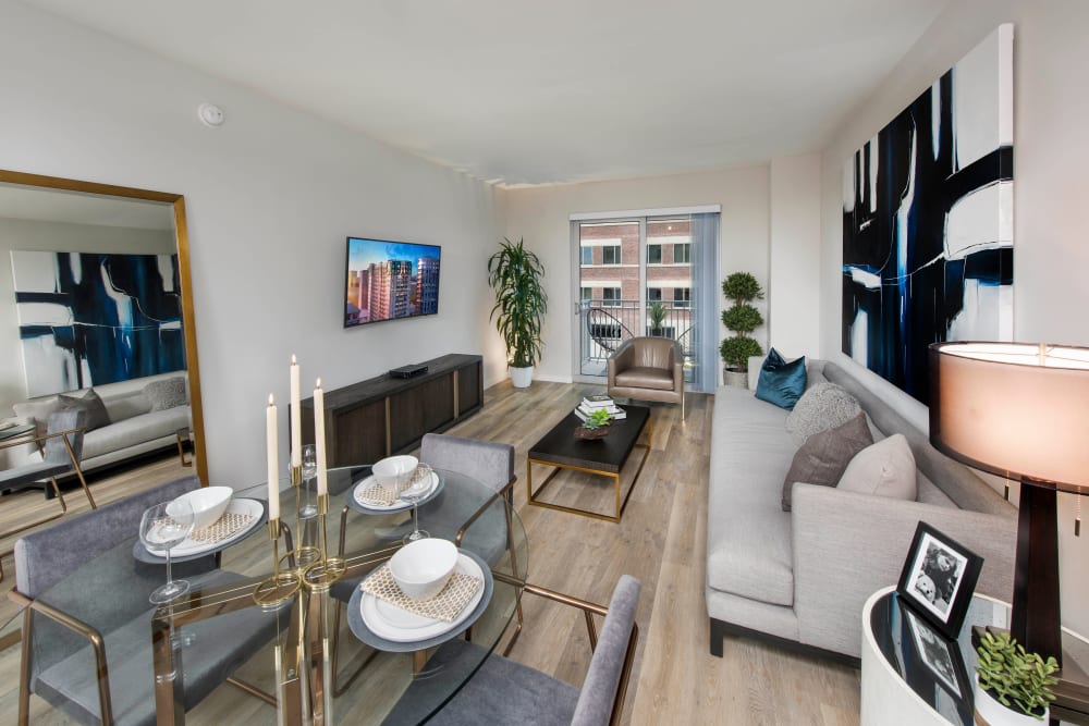 Well-furnished model luxury apartment's living area at Olympus Harbour Island in Tampa, Florida