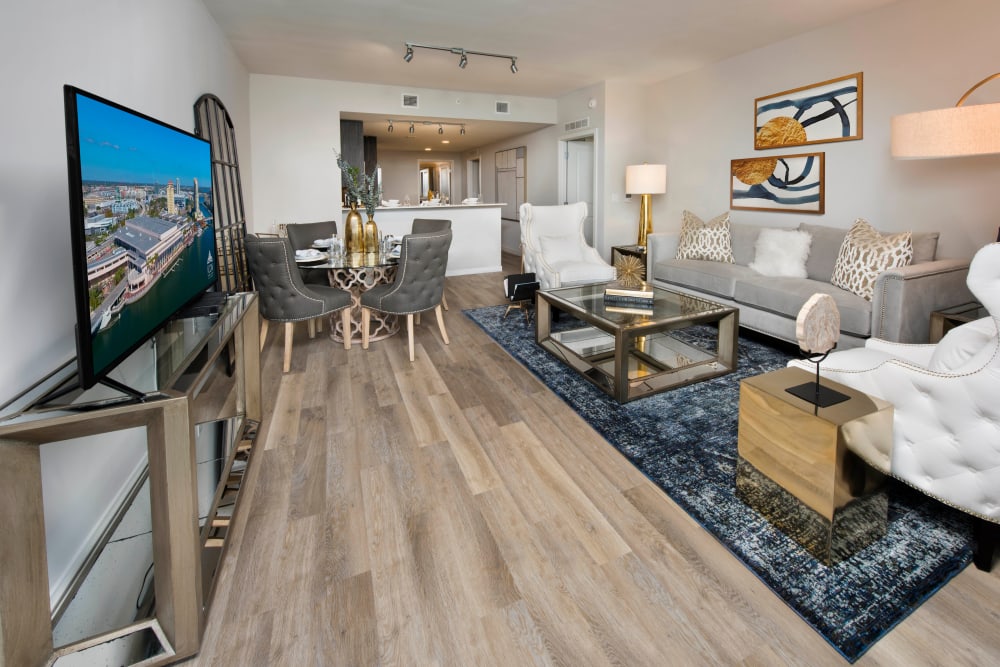 Well-furnished open-concept living area in a model home at Olympus Harbour Island in Tampa, Florida