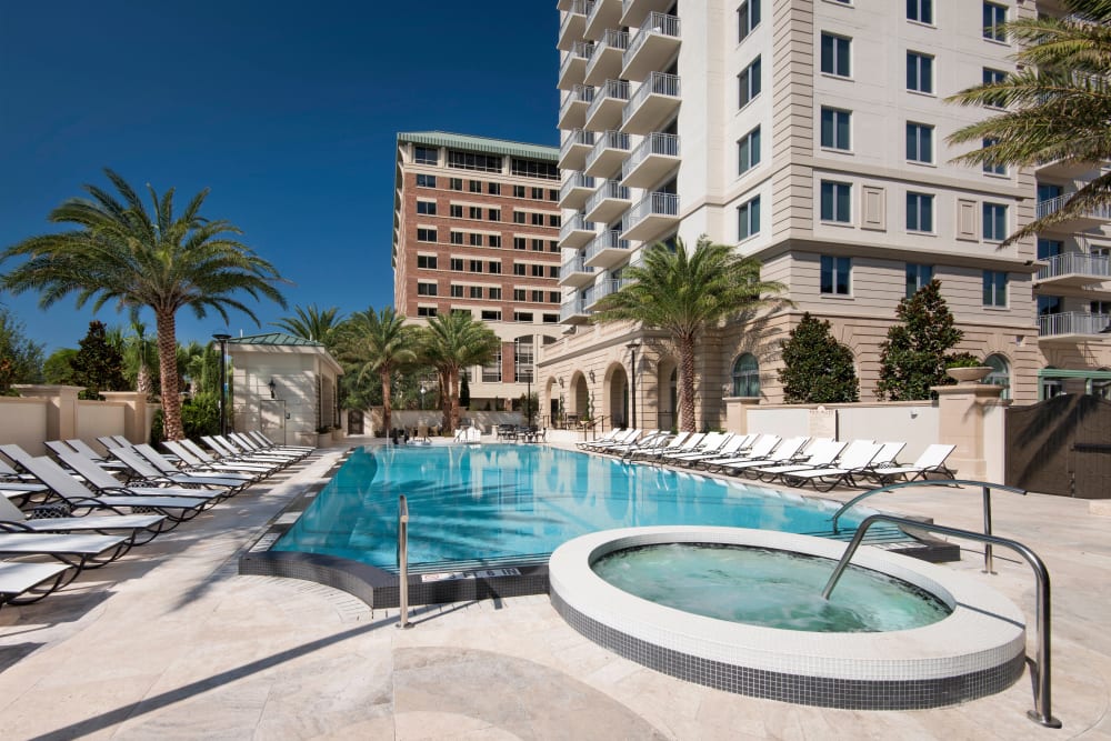 Beautiful morning at the resort-style swimming pool at Olympus Harbour Island in Tampa, Florida