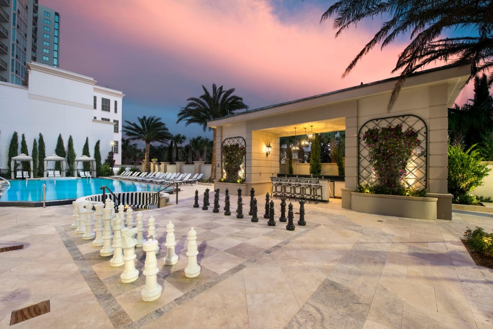 Dusk at the life-size chess board at Olympus Harbour Island in Tampa, Florida