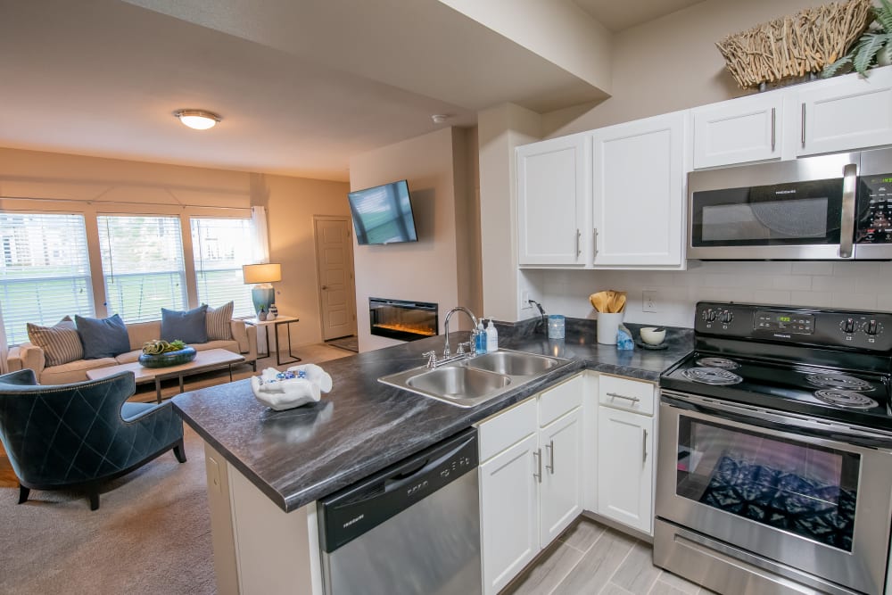 Stainless-steel kitchen appliances at Bend at New Road Apartments in Waco, Texas