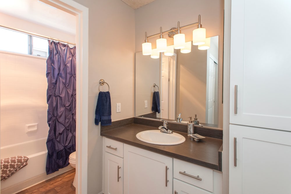Master bathroom with a large vanity mirror at Shadow Oaks Apartment Homes in Cupertino, California