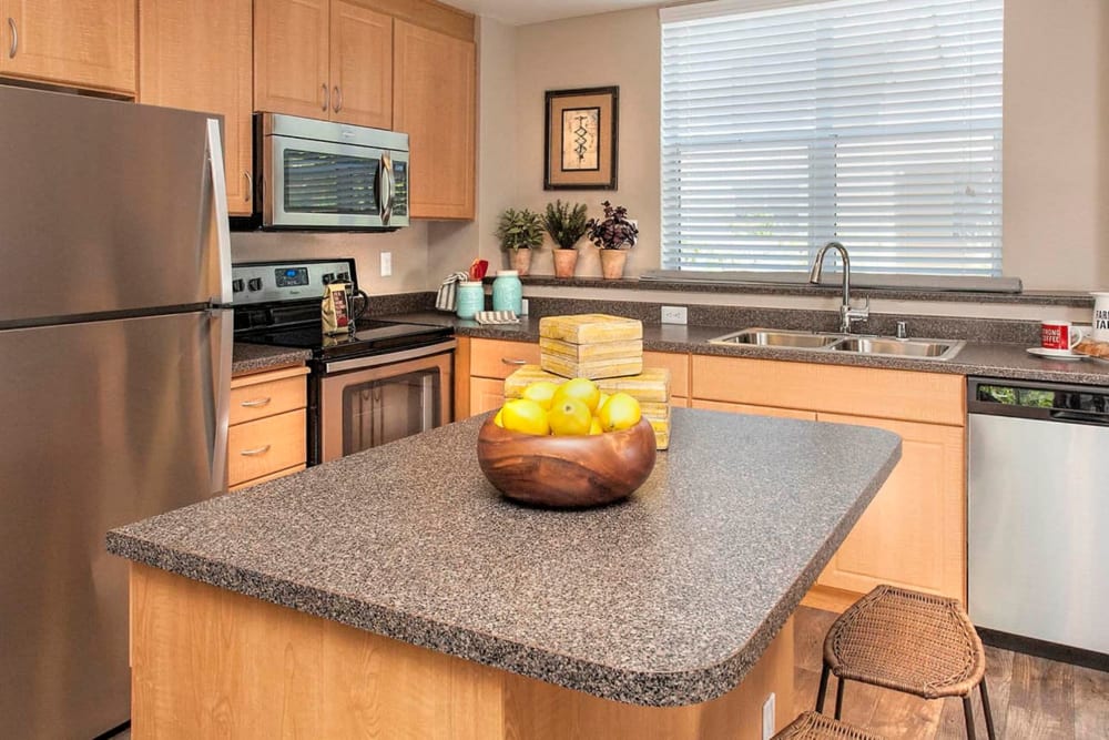 Kitchen island in model apartment home of Azure Apartment Homes in Petaluma, California