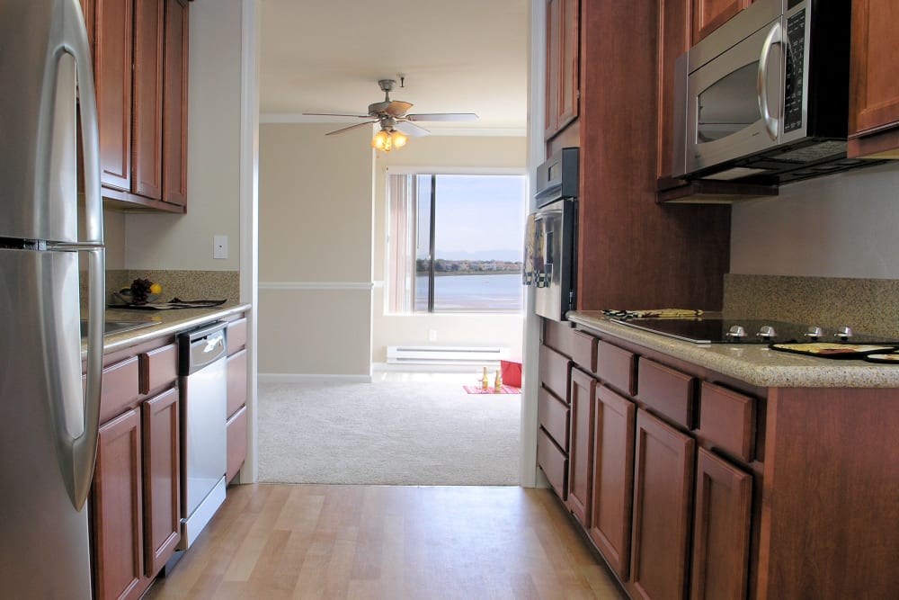 Standard apartment kitchen at Tower Apartment Homes in Alameda, California