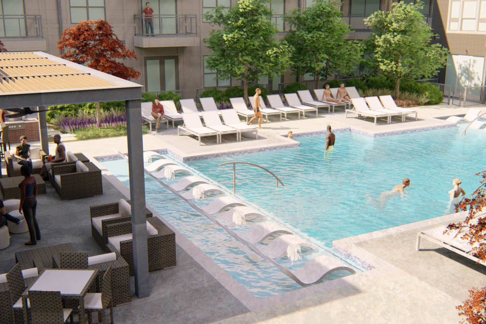 Rendering of the pool area flanked by lounge chairs and an in-pool sundeck at Olympus on Broadway in Carrollton, Texas