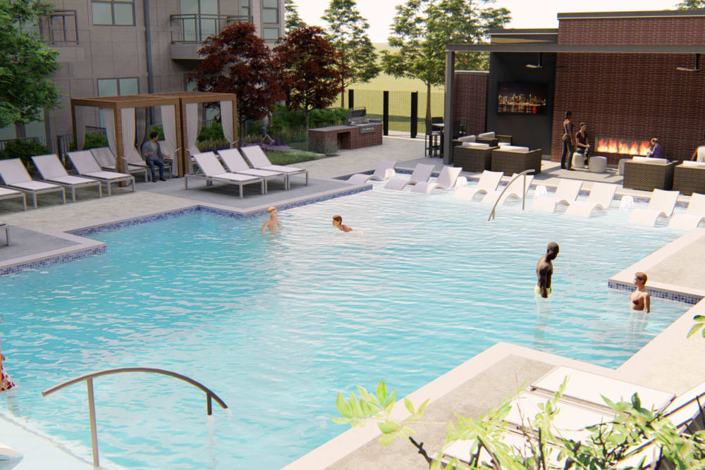 Rendering of residents using the resort-style swimming pool at Olympus on Broadway in Carrollton, Texas