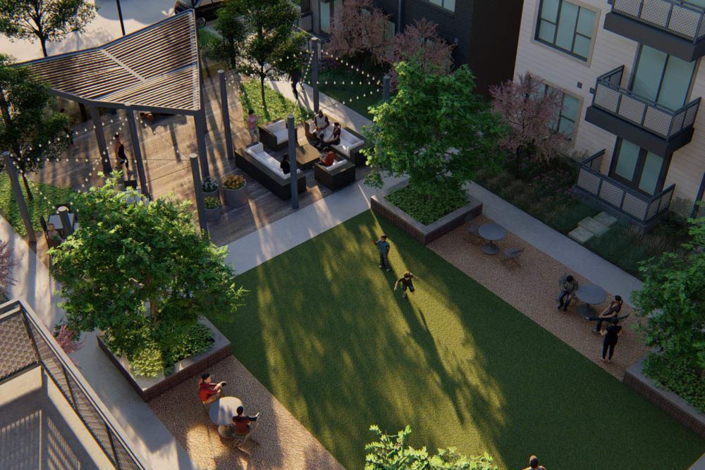 Aerial rendering of the lush landscaping around the community at Olympus on Broadway in Carrollton, Texas