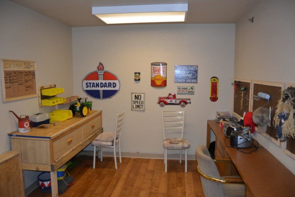 Memory station with farm toys and work stations at Courtyard Estates at Hawthorne Crossing in Bondurant, Iowa.