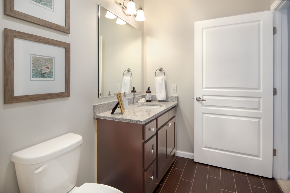 Bathroom with wood style flooring at The Royal Belmont in Belmont, Massachusetts