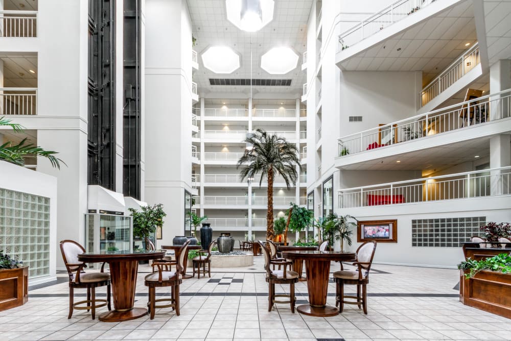 Bright and welcoming lobby interior at Clear Lake Place in Houston, Texas