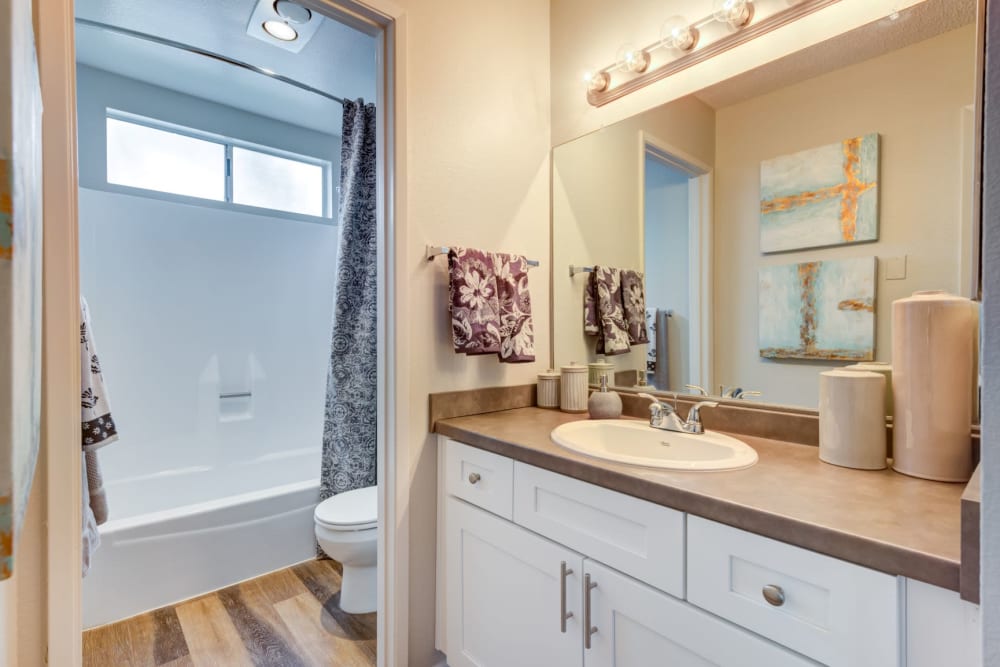 Luxury bathrooms with shower and bathtub at Sofi Ventura in Ventura, California