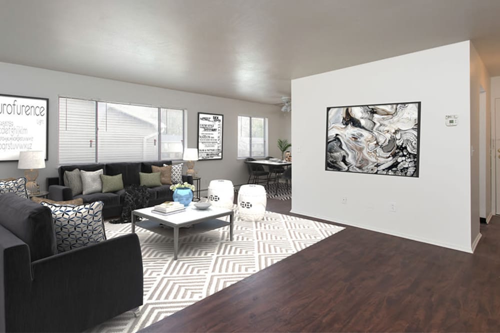 Naturally well-lit living room at Lake Vista Apartments in Rochester, New York