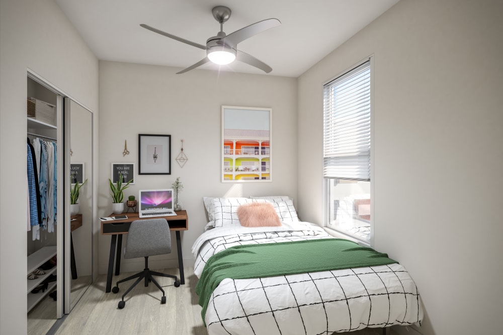 Cozy bedroom at UNCOMMON Raleigh in Raleigh, North Carolina