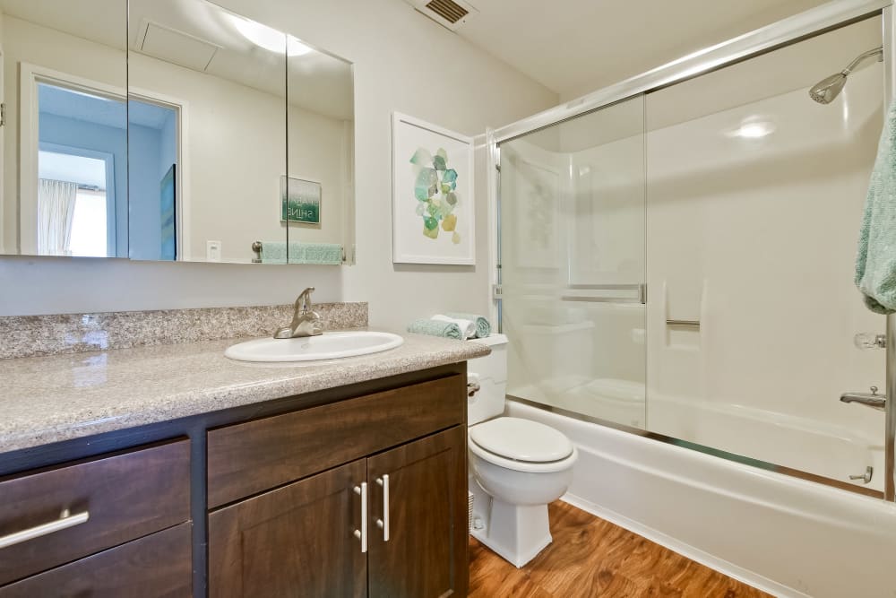 Luxury bathrooms with hardwood floors at The Marc, Palo Alto in Palo Alto, California