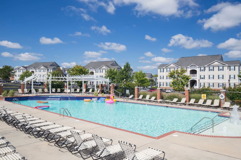 Lounge chairs by the pool at Belmont Landing in Farmville, Virginia