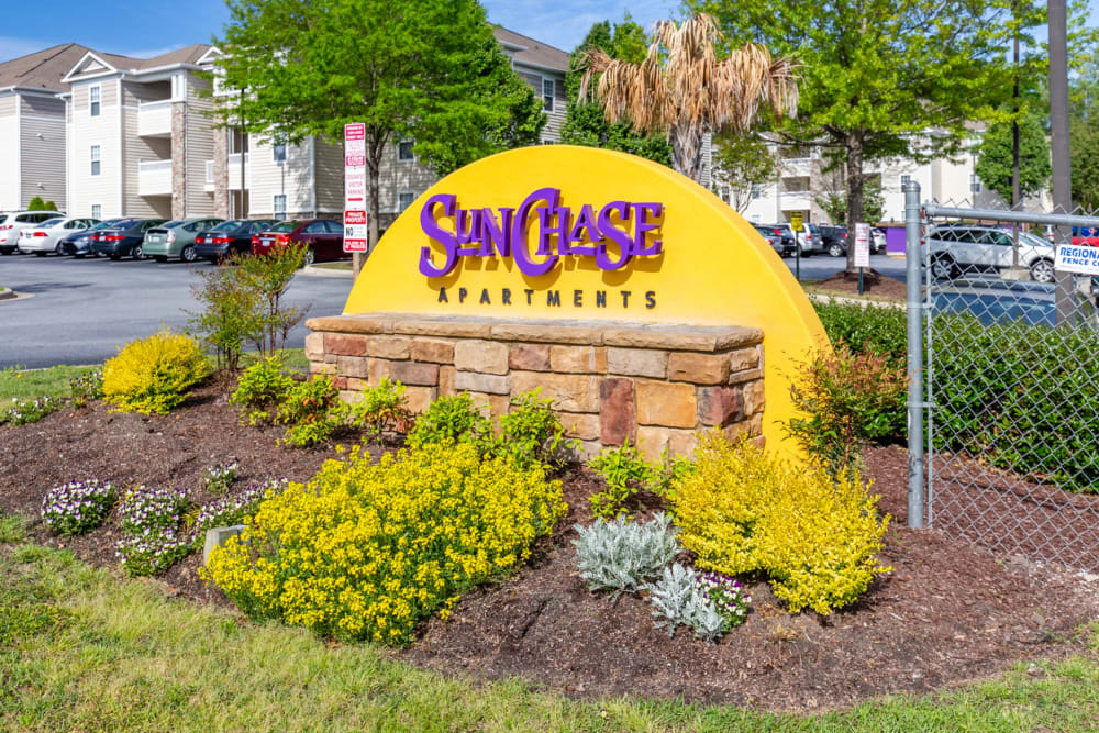 Front sign at Sunchase Apartments in Greenville, North Carolina