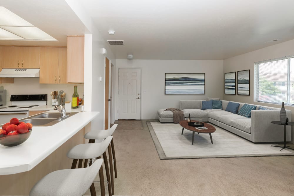 Kitchen bar and living room at Lakeside Apartments in Wheaton, Illinois