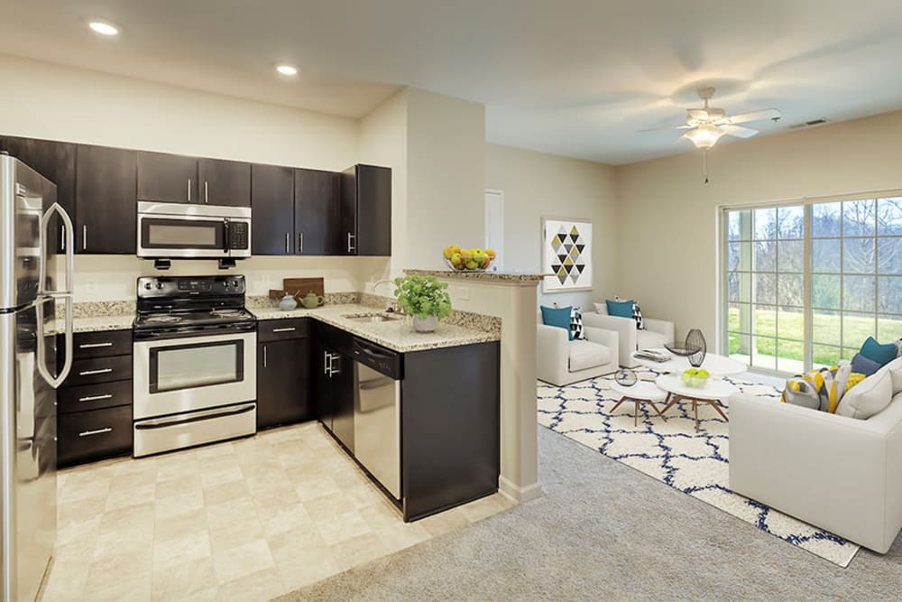 Large kitchen and living space at Reserve at Southpointe in Canonsburg, Pennsylvania