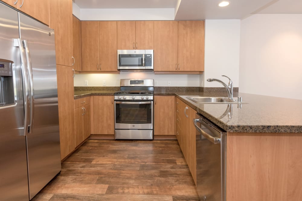 Beautiful, gourmet kitchen in a model home at Azure Apartment Homes in Petaluma, California