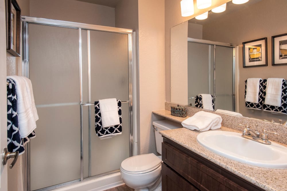 An apartment bathroom at Deer Valley Apartment Homes in Roseville, California