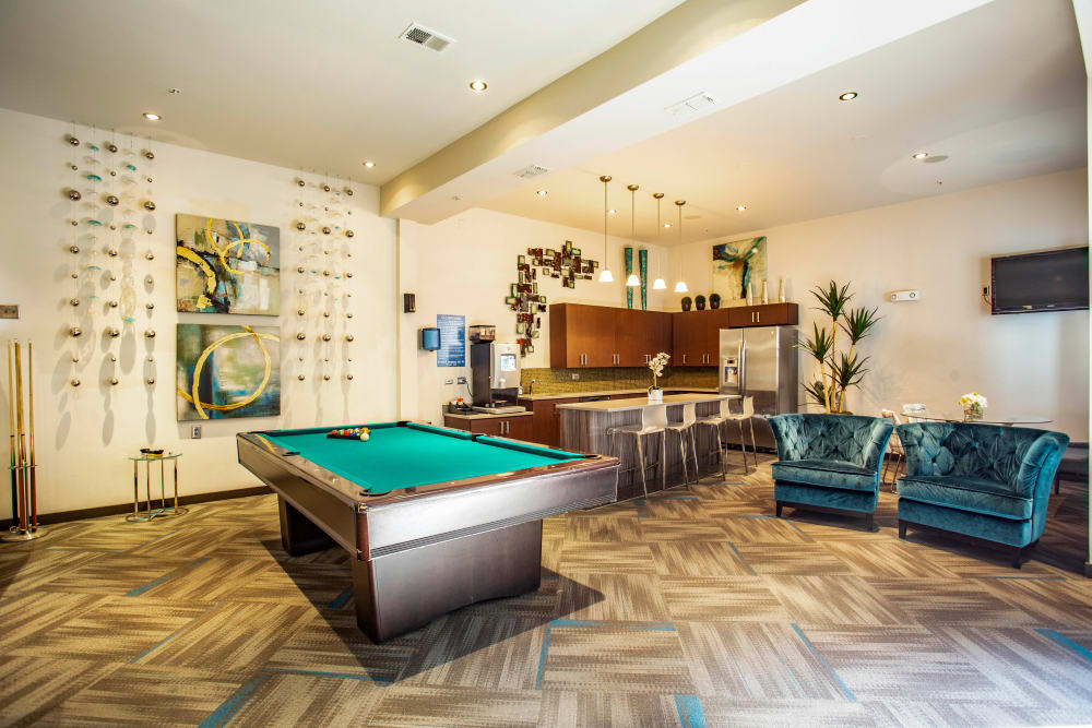 Game area in the clubhouse at Olympus Midtown in Nashville, Tennessee