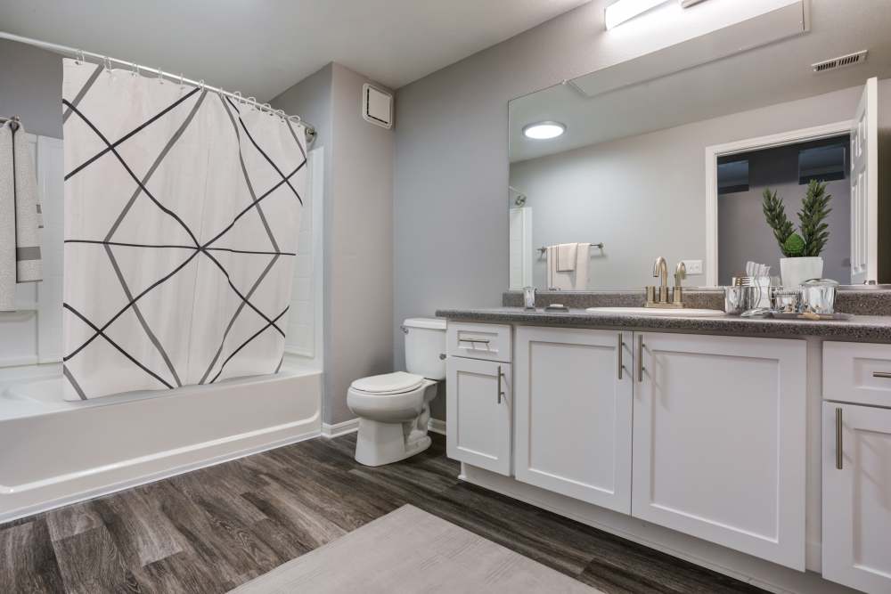 Spacious bath room with large mirror, cabinets and commode at Miramonte and Trovas in Sacramento, California 