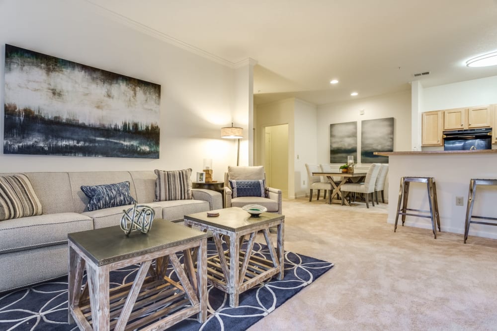 An apartment living room and dining room at The Enclave at Deep River in Greensboro, North Carolina