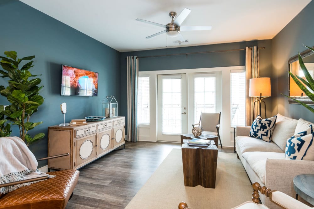 Living room in a model apartment at The Heyward in Charleston, South Carolina