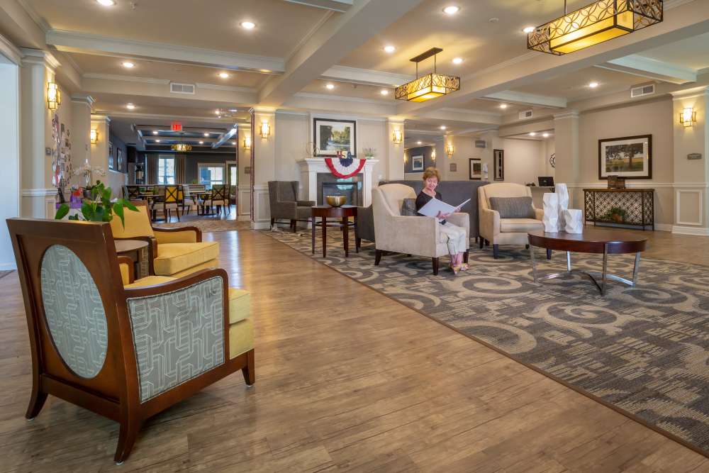 Lobby area for the residents to chill at Harmony at Five Forks in Simpsonville, South Carolina