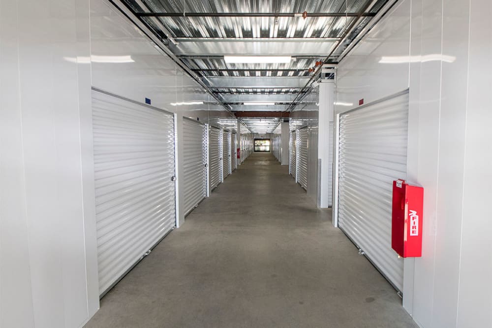 A hallway of interior storage units at Storage World in Reading, Pennsylvania