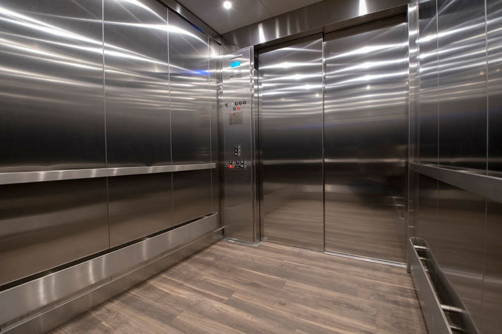 The elevator interior, with brushed stainless steel walls at Storage World in Reading, Pennsylvania